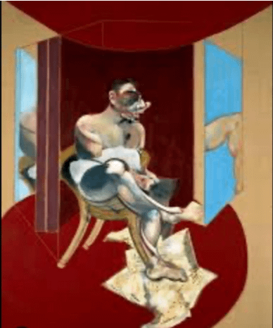 Dipinto espressionista di Francis Bacon. Uomo seduto su sedia, volto distorto. Ossessione per l'immagine, ansia.