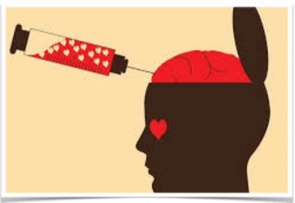 Dipendenza affettiva: siringa con cuori che inietta amore nel cervello. Metafora della dipendenza emotiva.